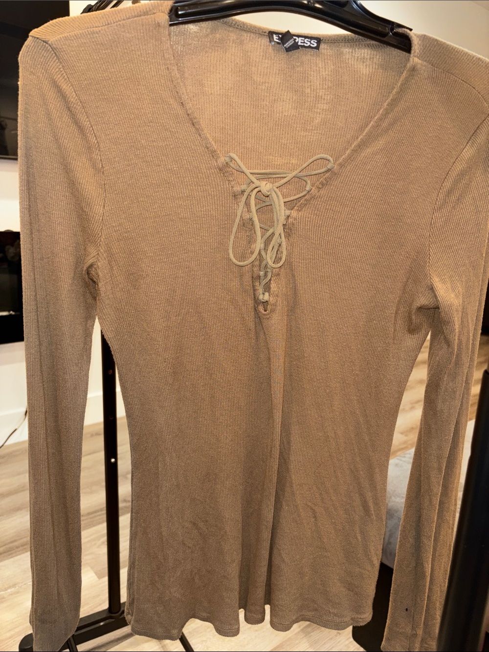 Express tan Lace-Up V-Neck Long Sleeve Top
